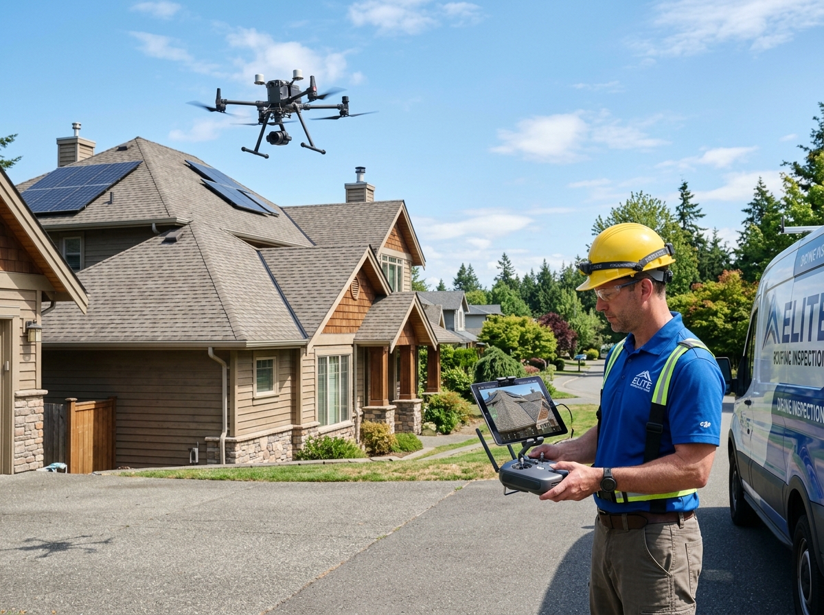 Roofer performing detailed drone inspection